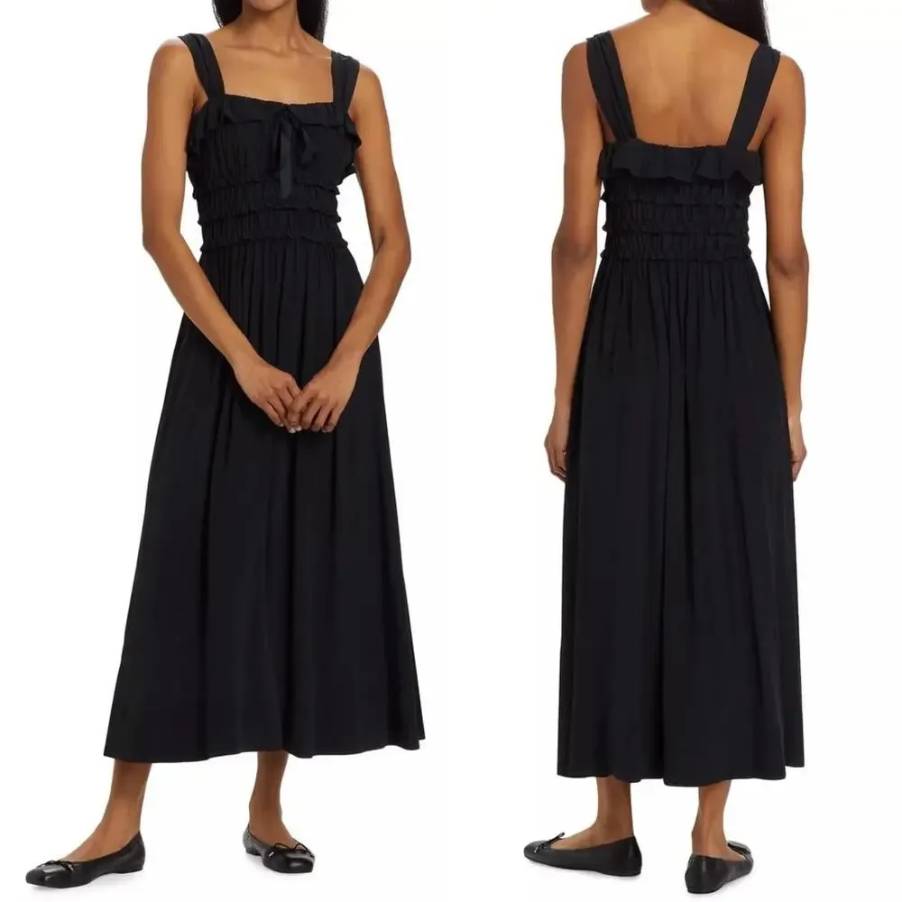 DÔEN Carolynn Crepe Smocked Midi Dress Black - Picture 5 of 15